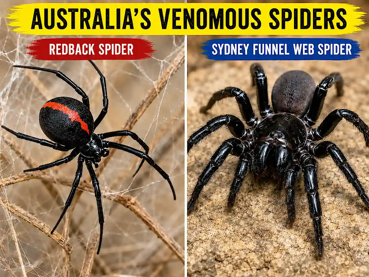 Dangerous Animals in Australia - most venomous spiders photo of redback and funnel web Spiders next to each other