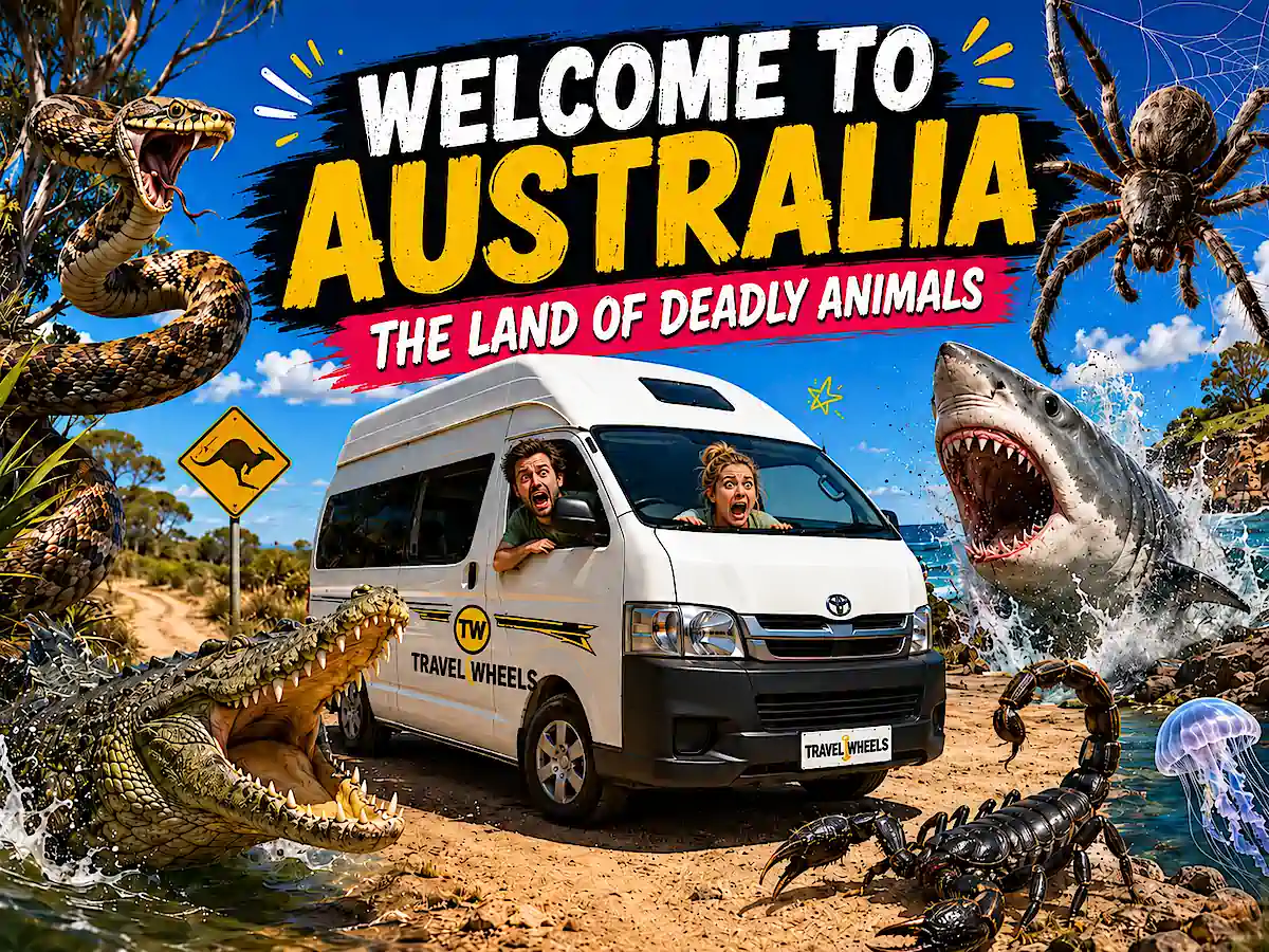Welcome to Australia - the land of deadly animals campervan graphic