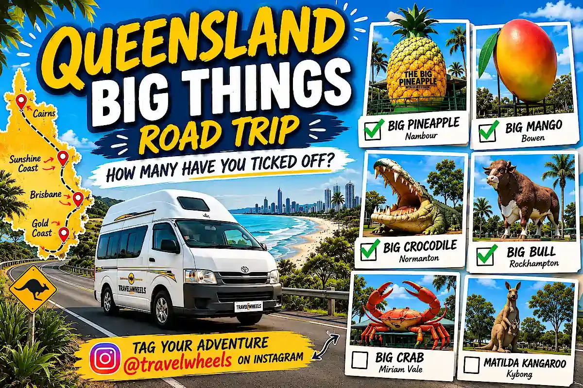 Queensland Big Things Road Trip graphic - how many have you ticked off - Travelwheels Campervans