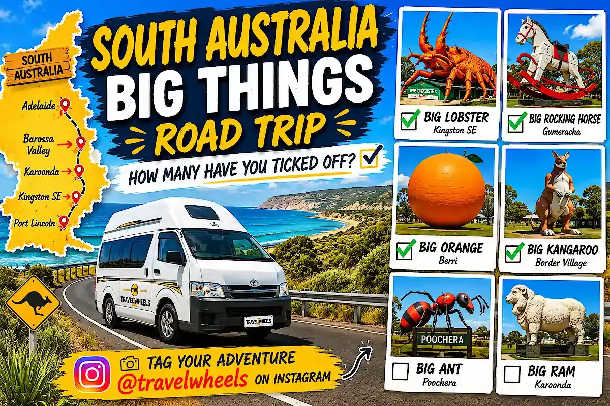 South Australia big things to do road trip - how many have you ticked off - Travelwheels Campervans guide infographic