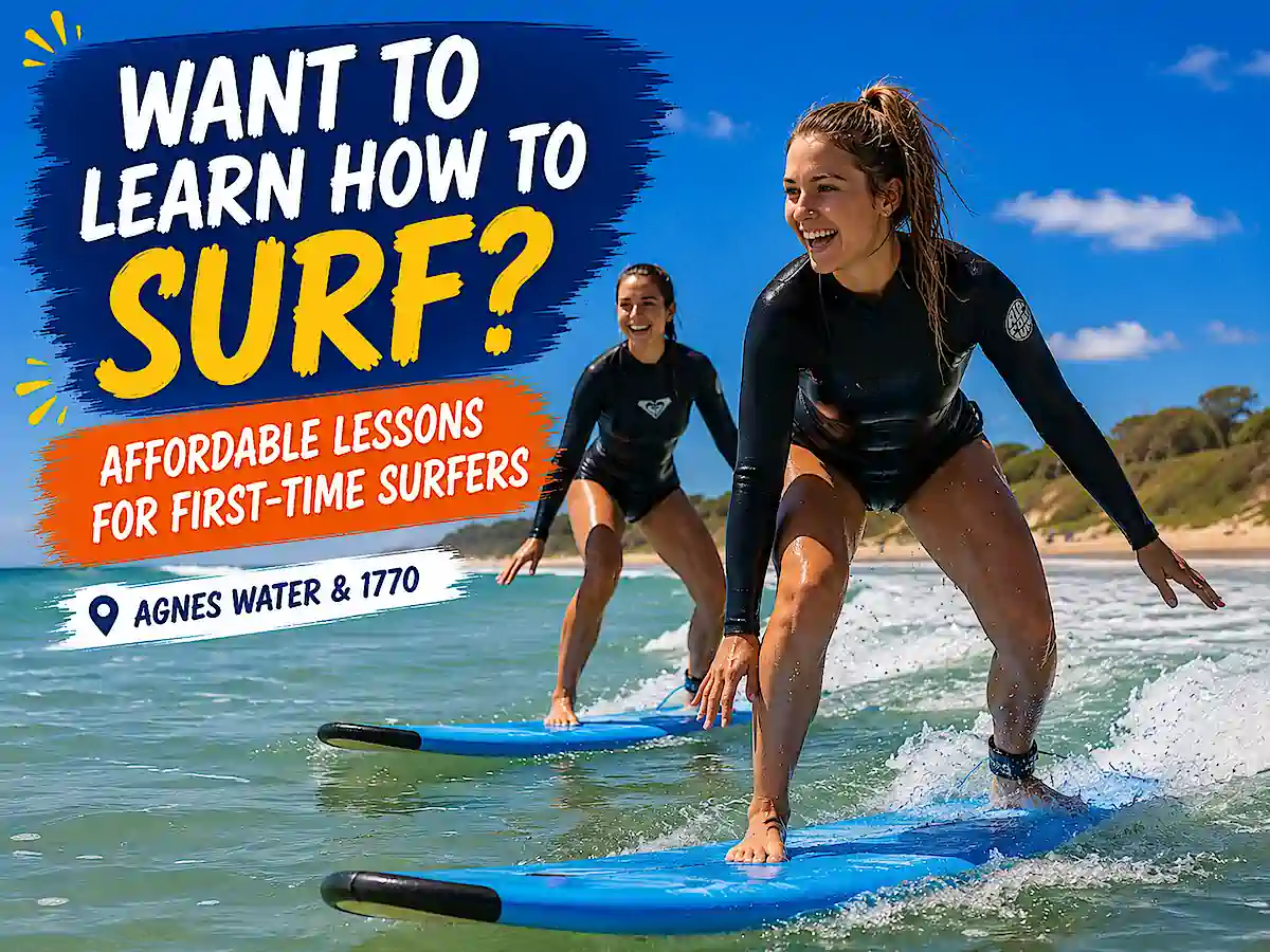 Two women taking a beginner surf lesson at Agnes Water and the Town of 1770 on Australia's east coast