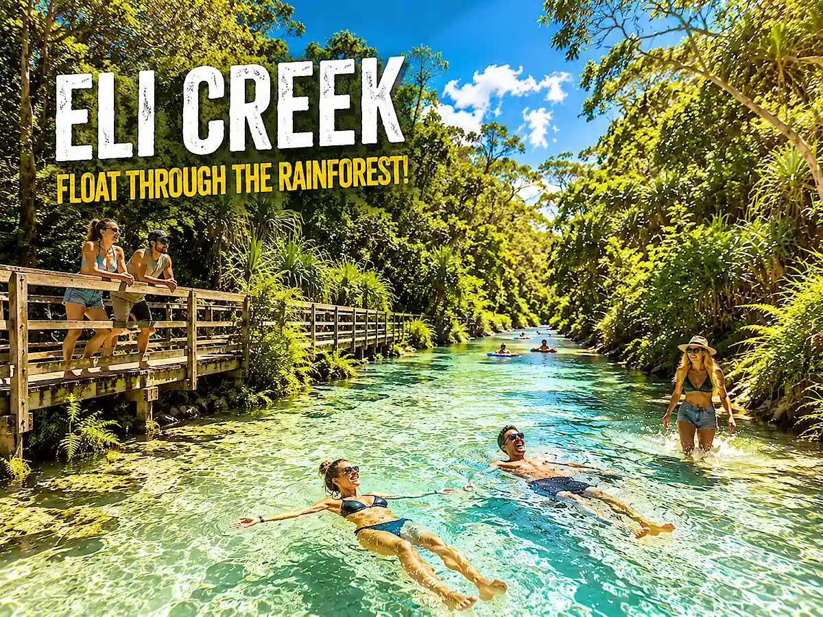 Travellers floating through Eli Creek rainforest on Fraser Island during the Sydney to Cairns Route Planner