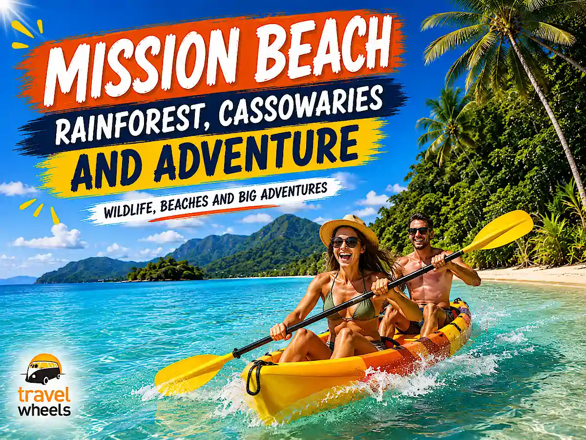 Kayaking at Mission Beach surrounded by tropical rainforest on the Sydney to Cairns Route Planner