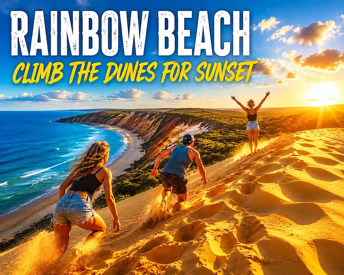 Sydney to Cairns Route Planner stop at Rainbow Beach to climb the dunes for sunset