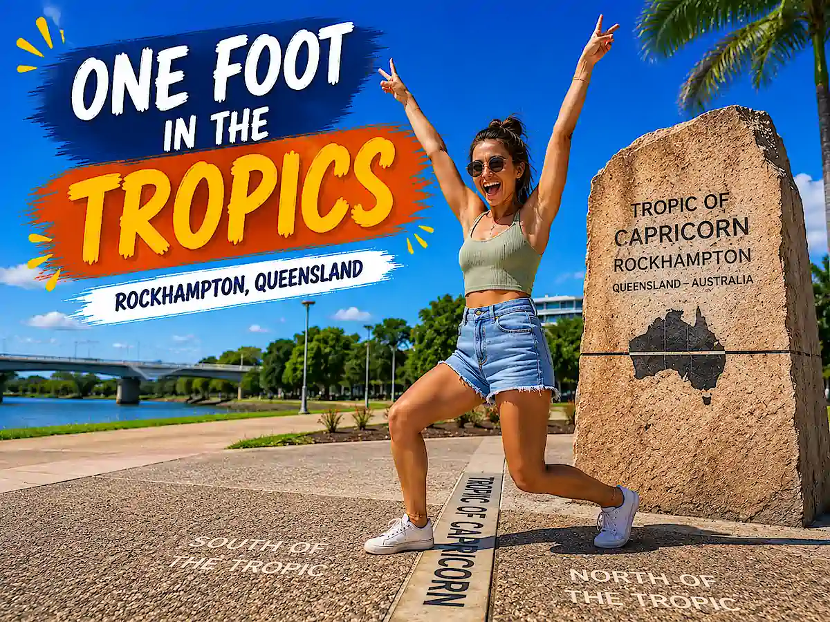 Standing with one foot on each side of the Tropic of Capricorn in Rockhampton, Queensland