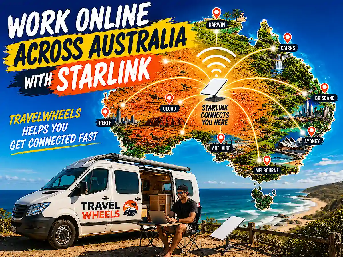 Work Across Australia by Campervan with Starlink Roaming Internet and Travelwheels who will set it up for you