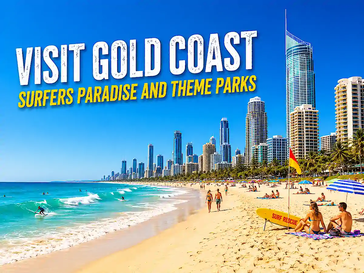 Visit Gold Coast of Australia for Surfers Paradise and theme parks from the Travelwheels Sydney to Cairns Route Planner guide
