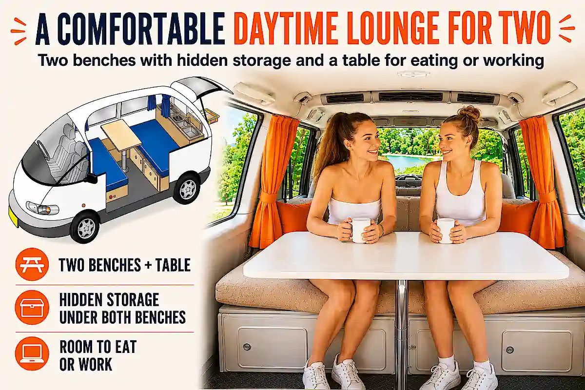2 Person campervan for sale - day time lounge area drawing and image
