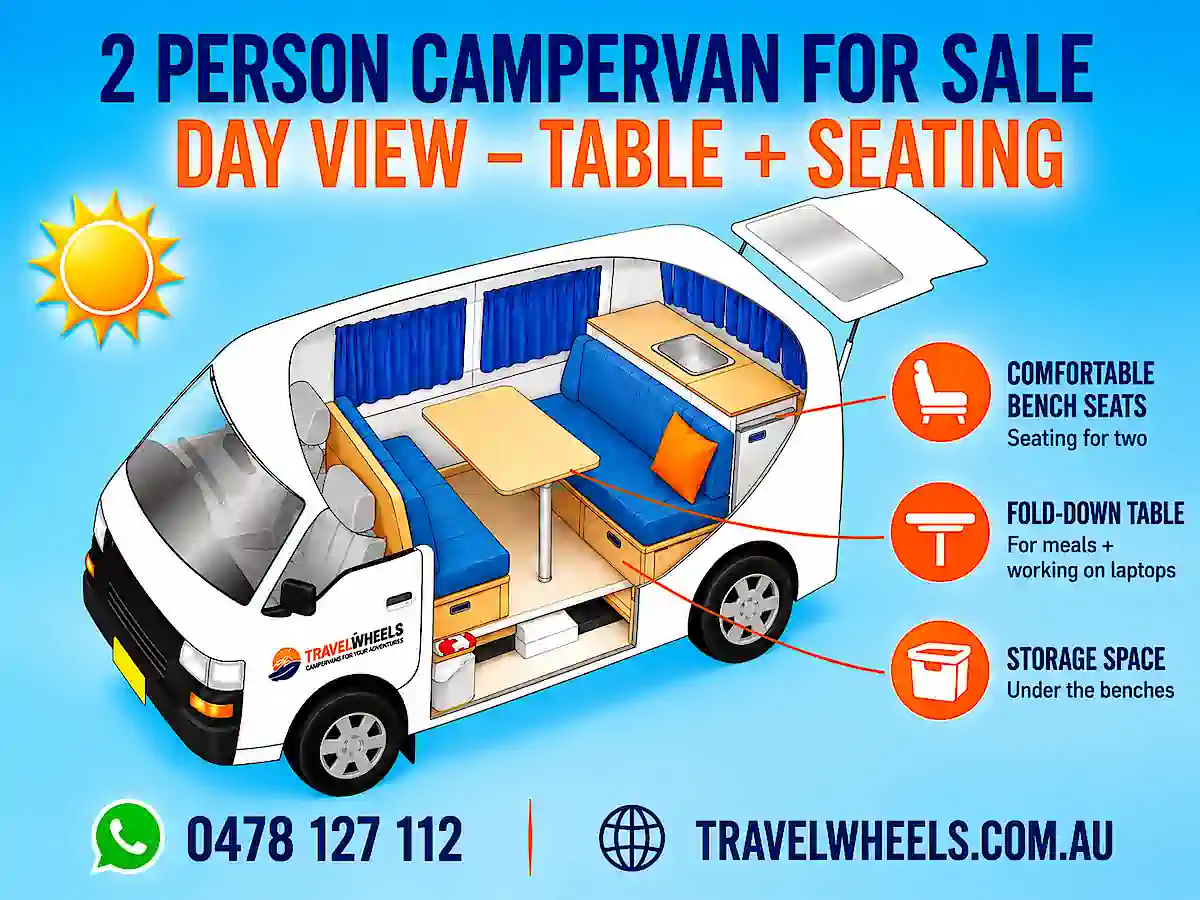 2 Person campervan for sale - day time view graphic of the lounge area