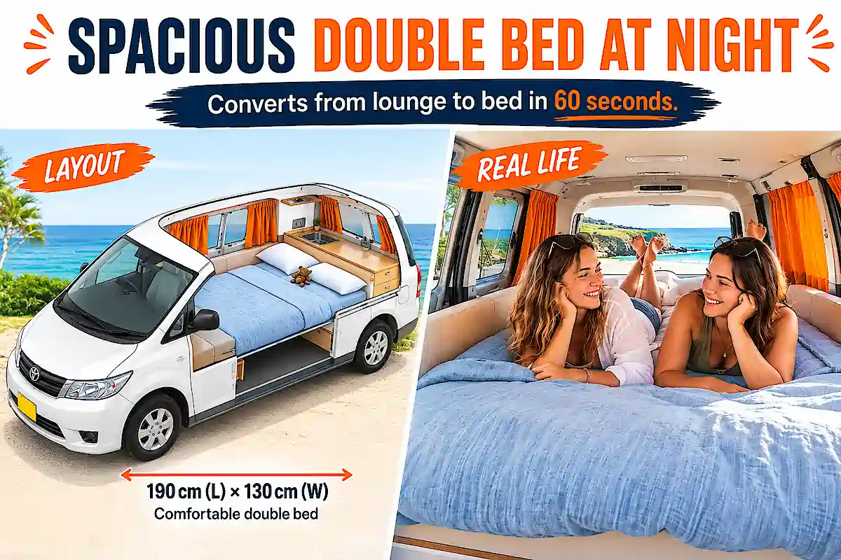 2 Person campervan for sale in Sydney at Travelwheels Campervans - double bed illustration and real image comparison