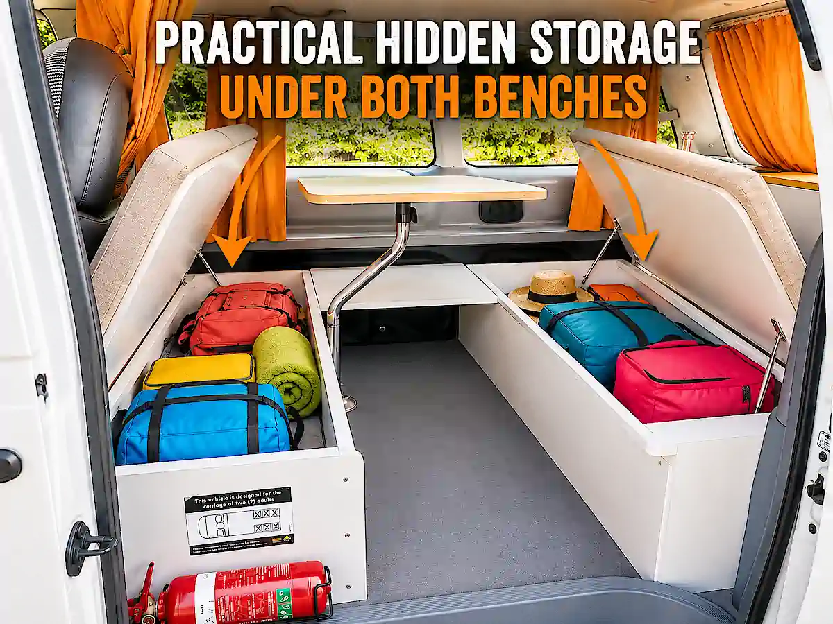 2 Person campervan for sale in Sydney at Travelwheels Campervans - hidden storage under benches in the lounge area