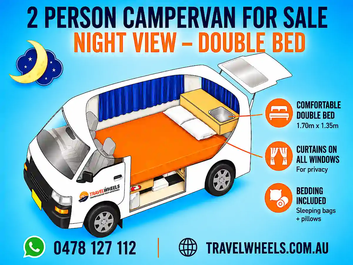 2 Person campervan for sale - night time view graphic of the double bed