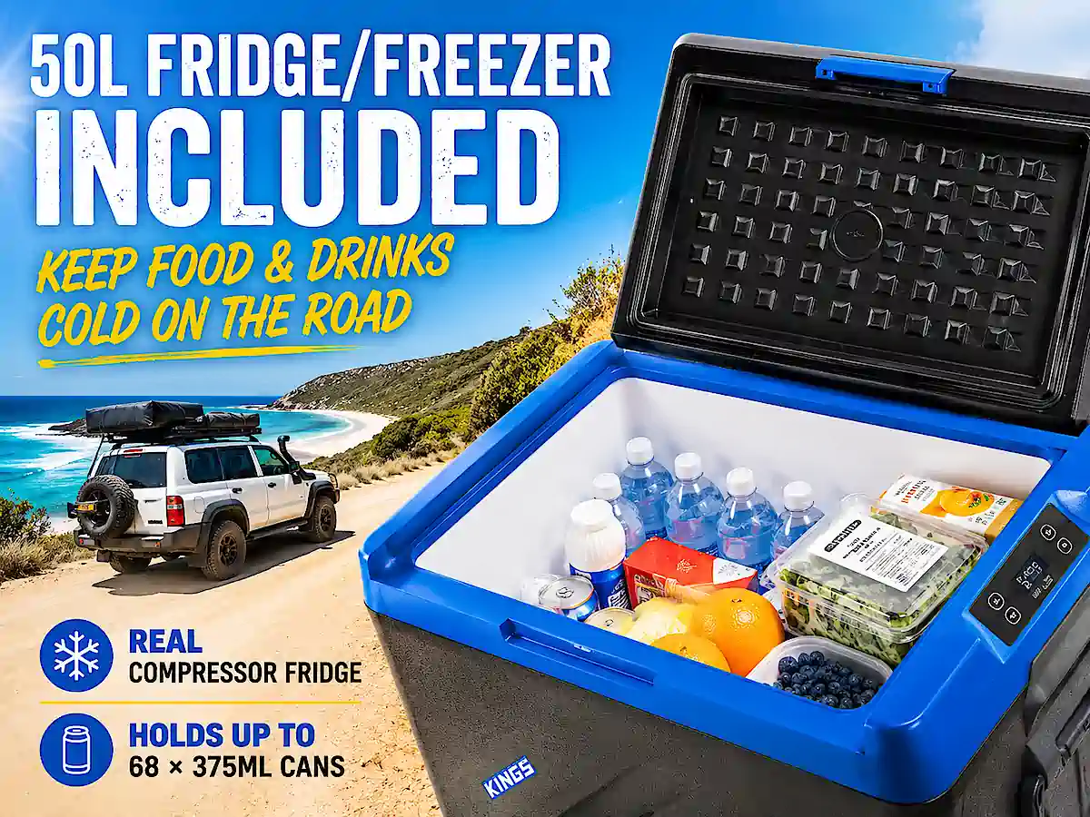 Adventure Kings 50L 2 way battery and normal powered fridge freezer supplied by Travelwheels Campervans in Sydney