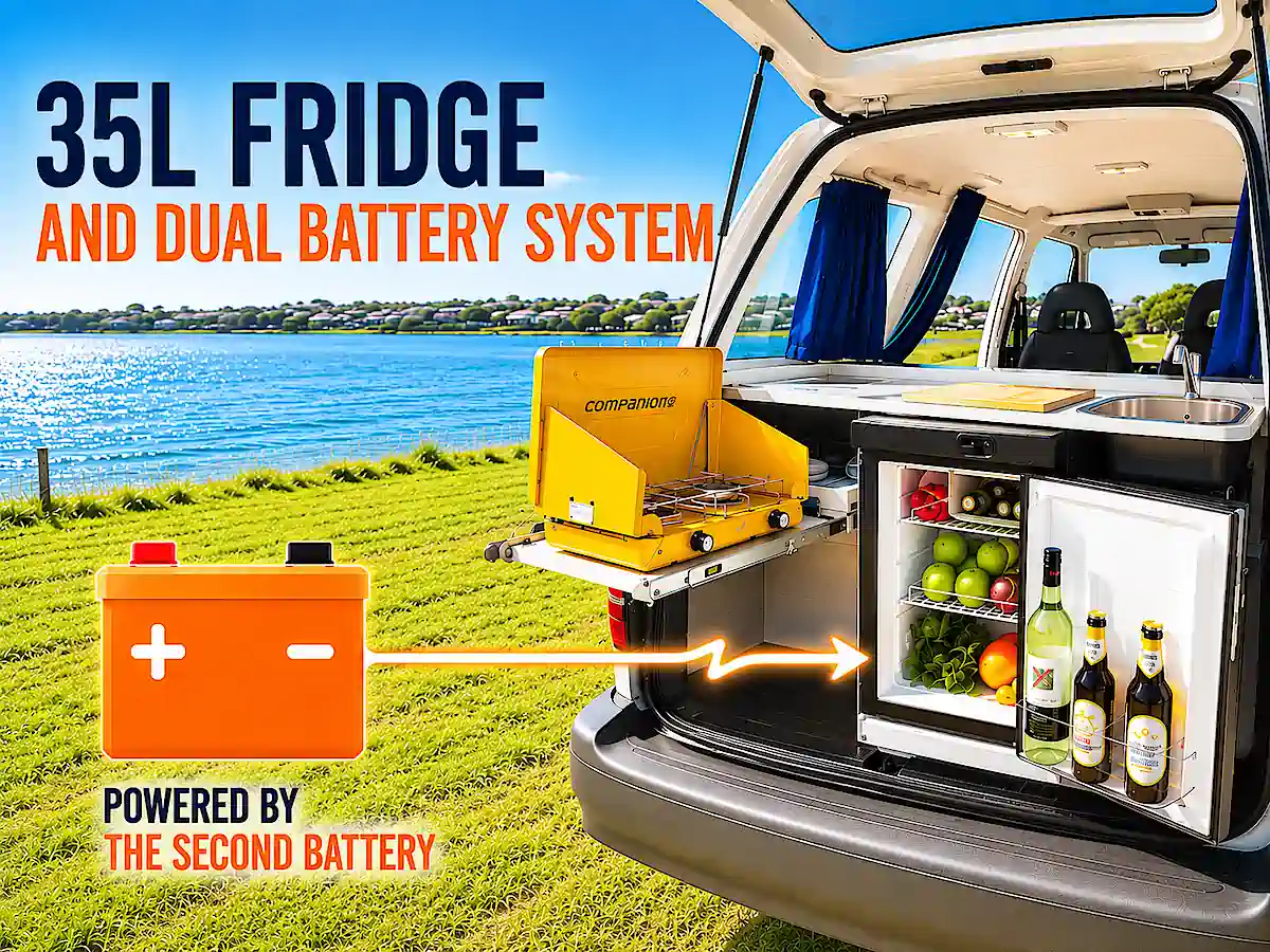 35L fridge powered by second battery in this 2 person campervan for sale
