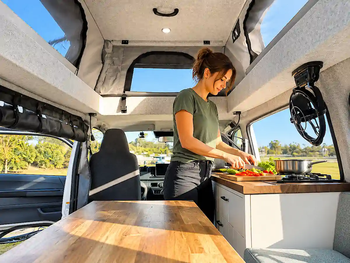 Automatic Campervan for Sale - Toyota Pop Top Campervan image with woman cooking in the kitchen