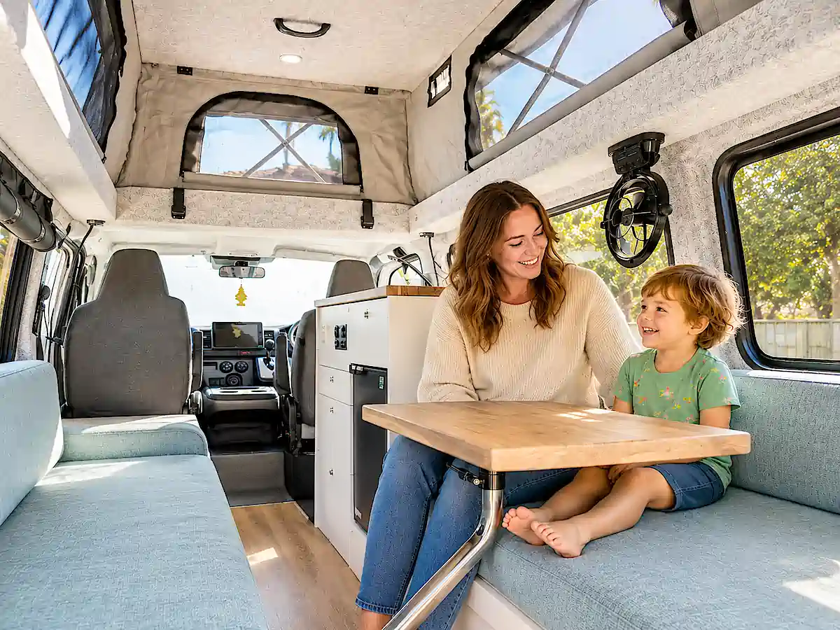 Automatic Campervan for Sale - Toyota Pop Top Campervan with young mother with her child sitting in the rear lounge