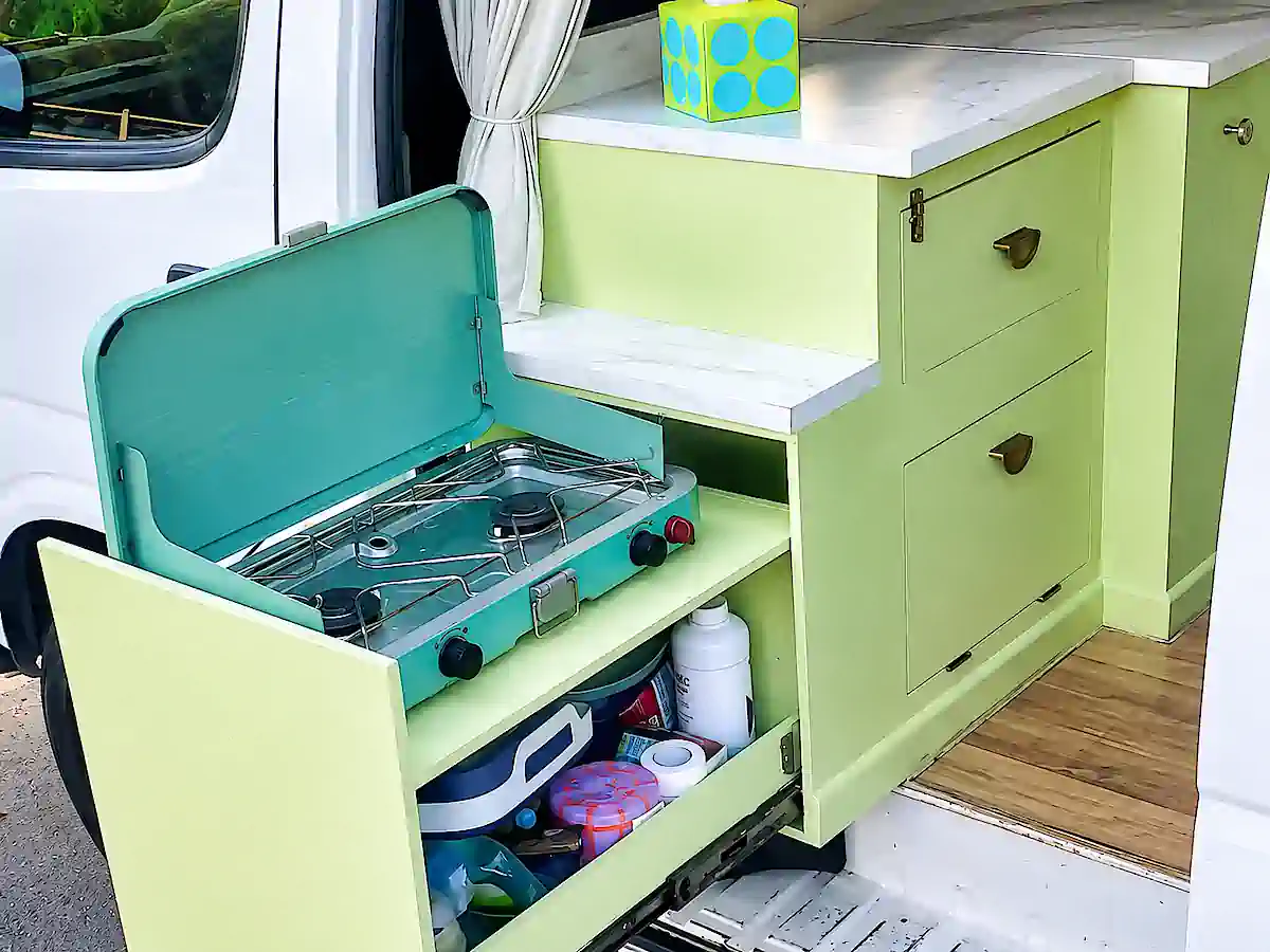 Toyota Campervan for sale in Sydney - pull our twin burner gas cooker in the kitchen