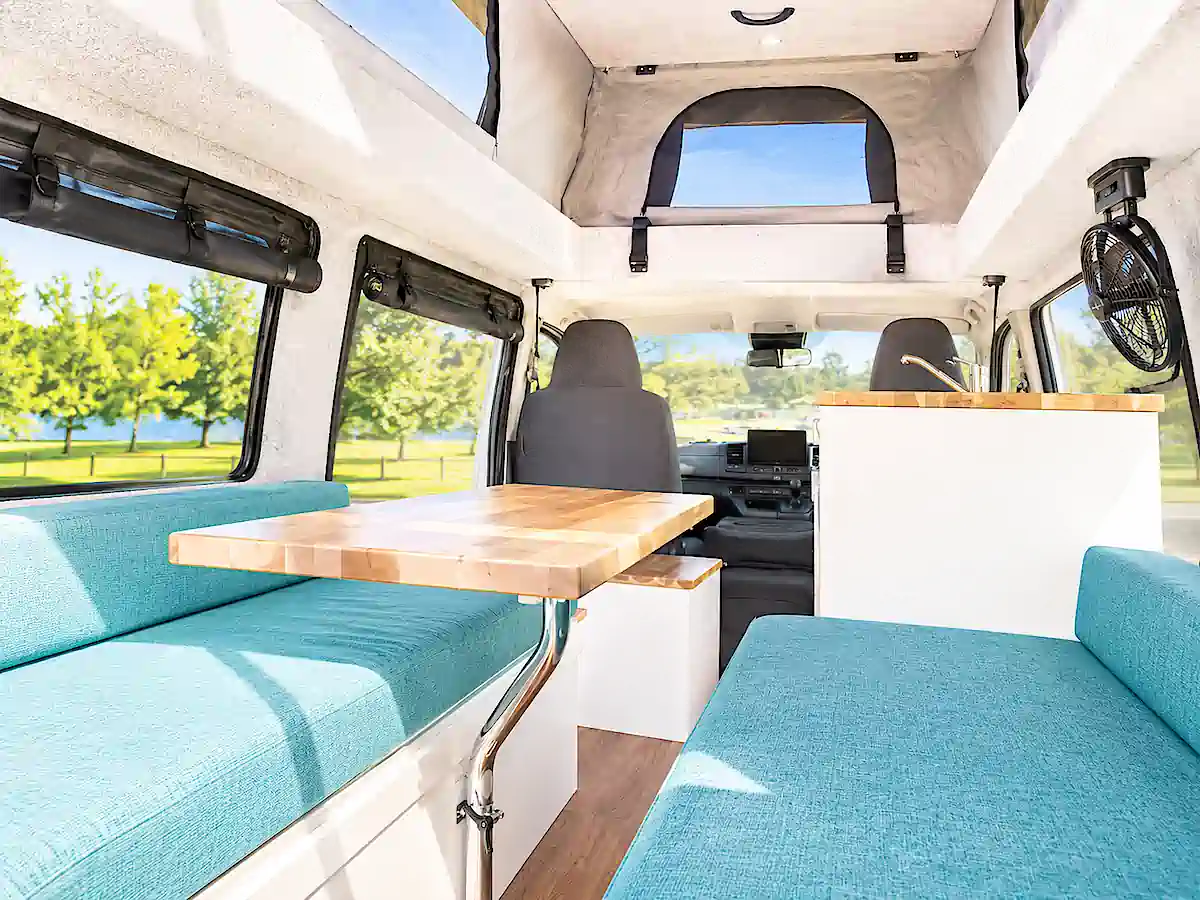 Toyota Pop Top Campervan for sale Travlewheels sydney - comfortable lounge in the back of the campervan
