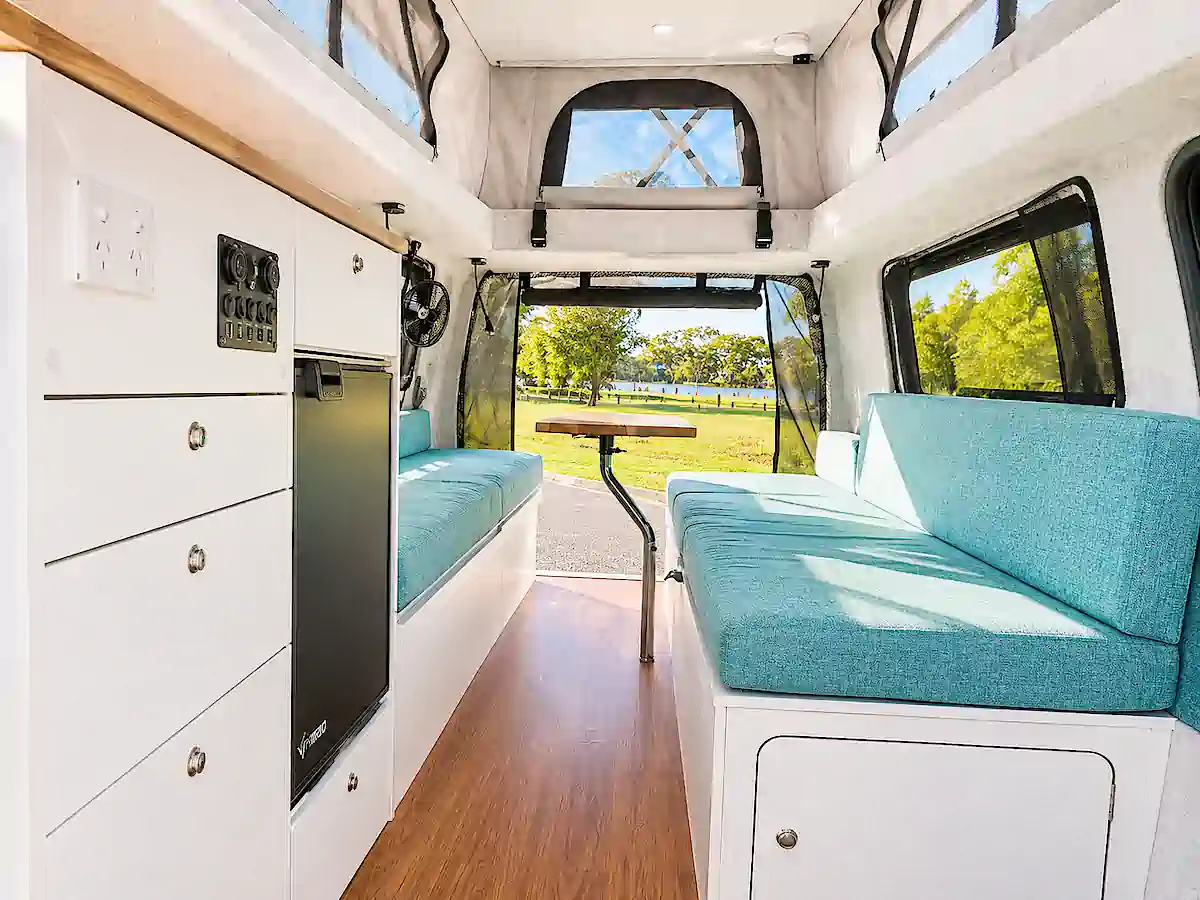 Toyota Pop Top Campervan for sale Travlewheels sydney - view of the rear kitchen layout