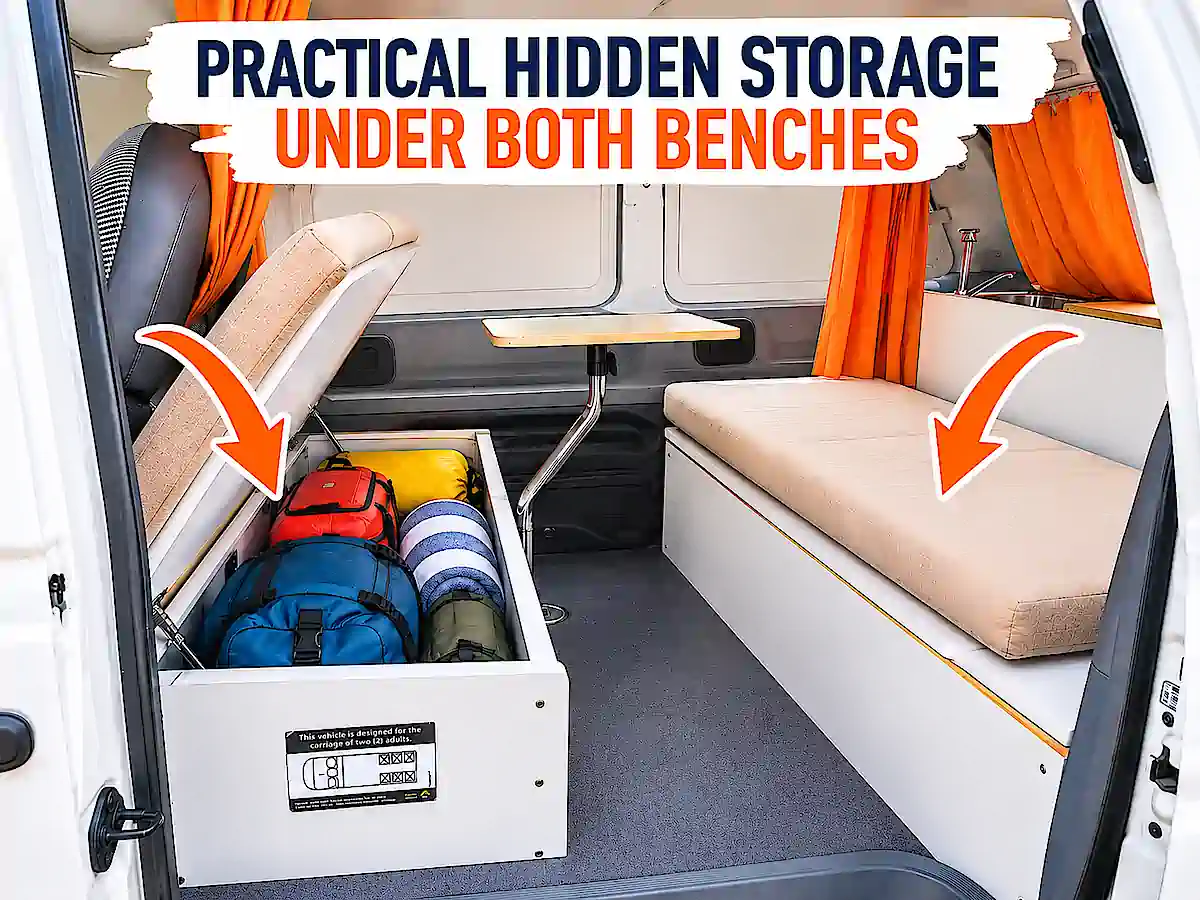 Backpacker campervan for sale at Travelwheels Campervans with hidden storage under benches in lounge