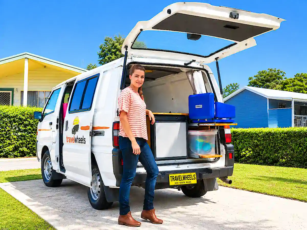 budget campervan for sale - rear kitchen set up with fridge, cooker and sink
