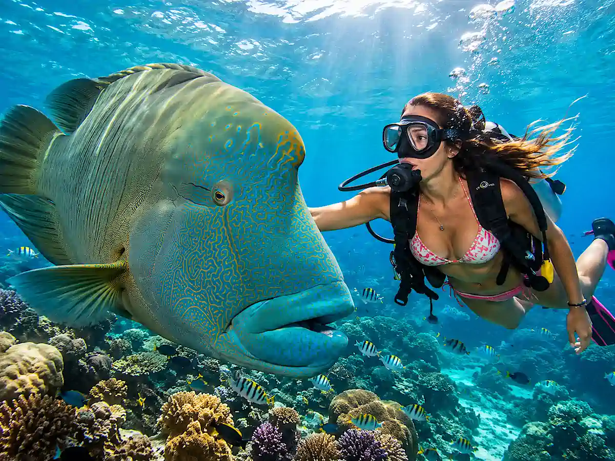Cairns Road Trip Planner – scuba diving with a Maori wrasse on the Great Barrier Reef
