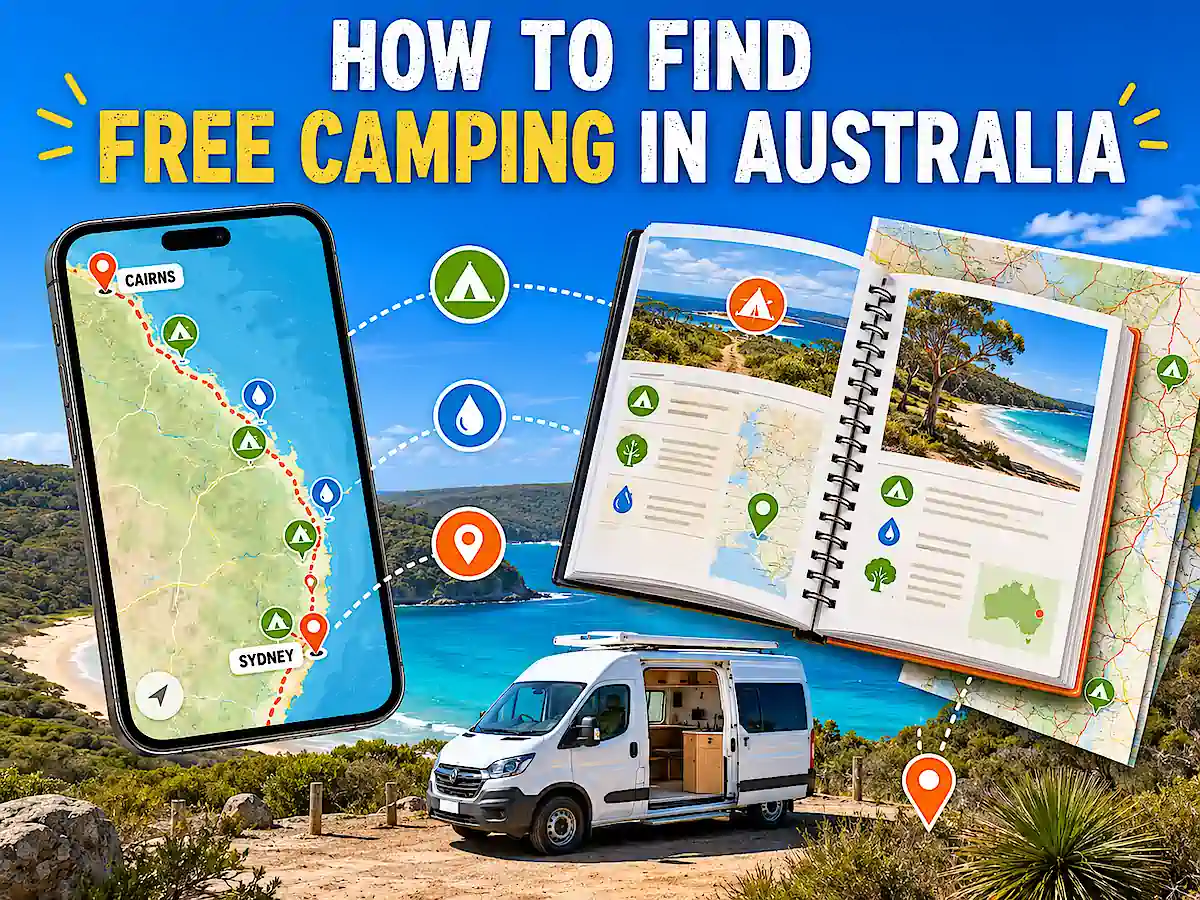 Free camping on East Coast Australia guide using a campsite app and printed map from Sydney to Cairns