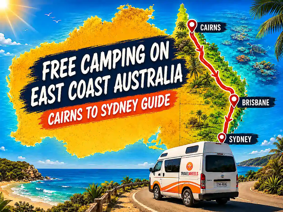 Free camping on East Coast Australia guide showing the campervan route from Sydney to Cairns with Travelwheels