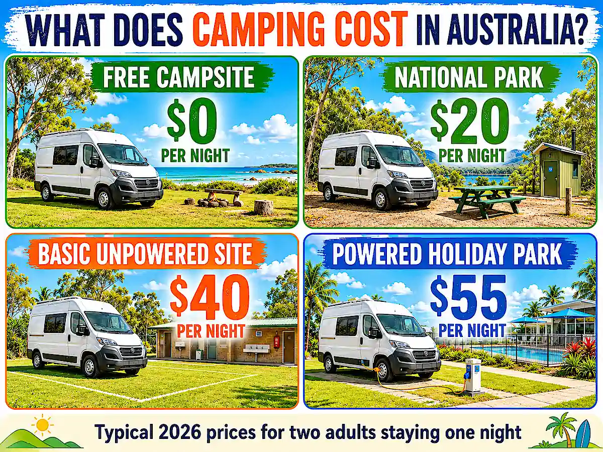 Free camping on East Coast Australia comparison of 2026 national park and campsite prices for two people