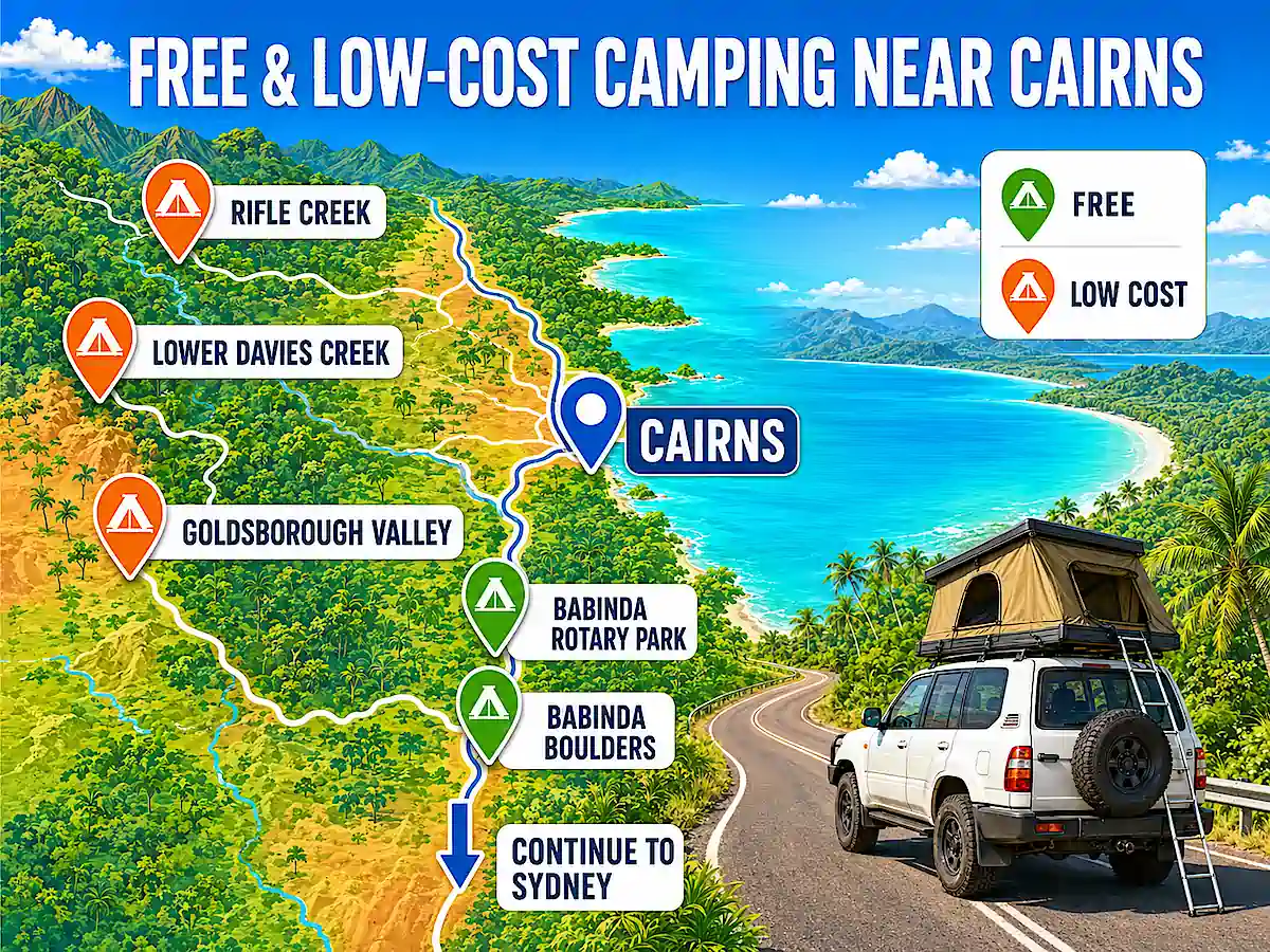 Free camping on East Coast Australia map showing free and low-cost campsites near Cairns