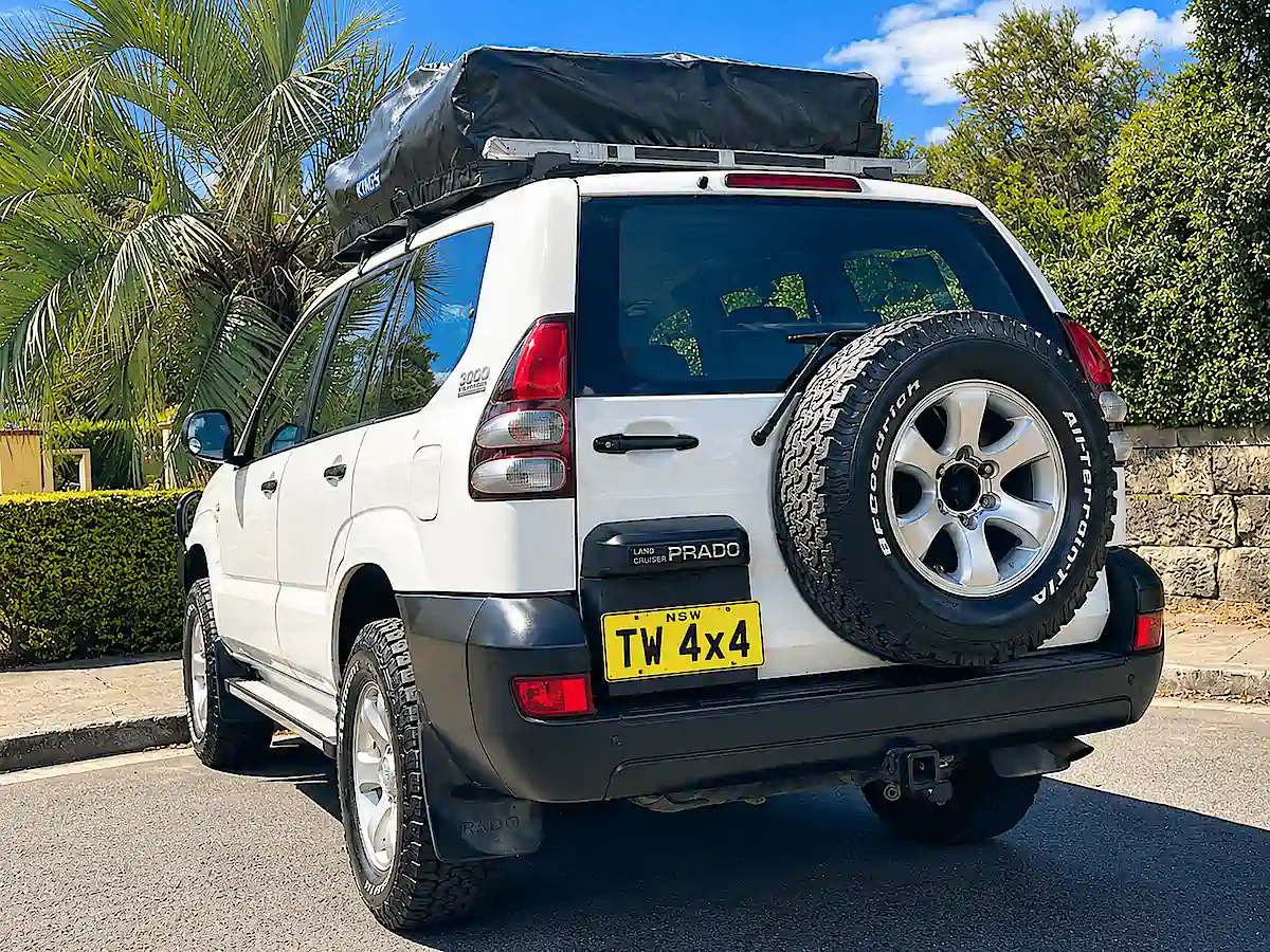 Used Toyota prado for sale with roof tent at Travelwheels Campervans Sydney - rear passenger side view