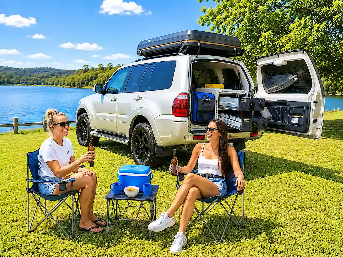 Used Mitsubishi 4x4 for sale - two women drinking beer