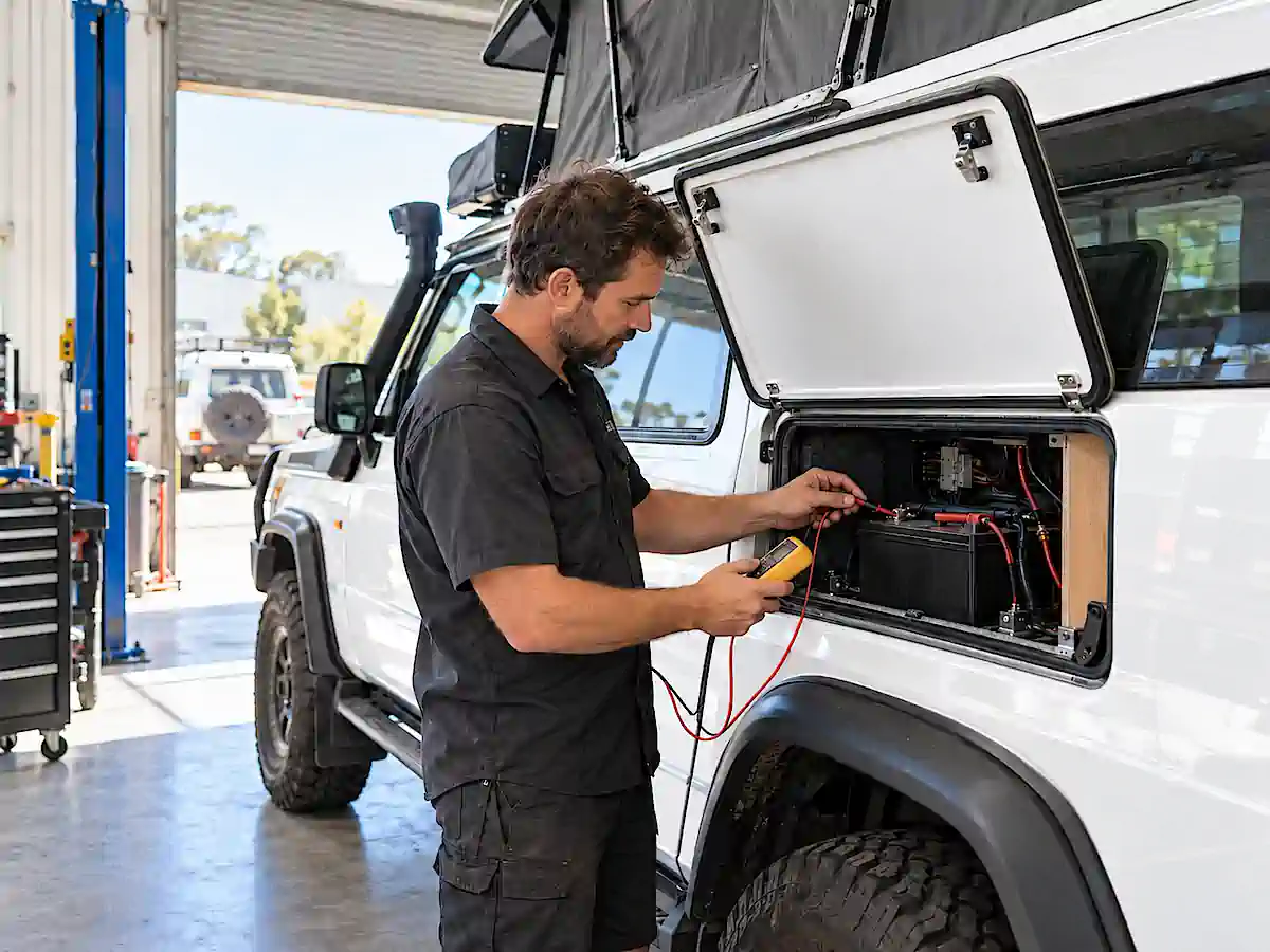Mechanic testing a campervan battery and electrical system at Travelwheels in Sydney