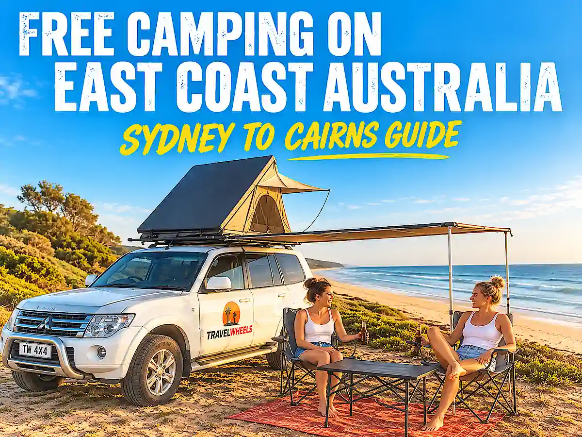 Free camping on East Coast Australia with travellers beside a Travelwheels 4x4 roof tent on a Sydney to Cairns road trip.