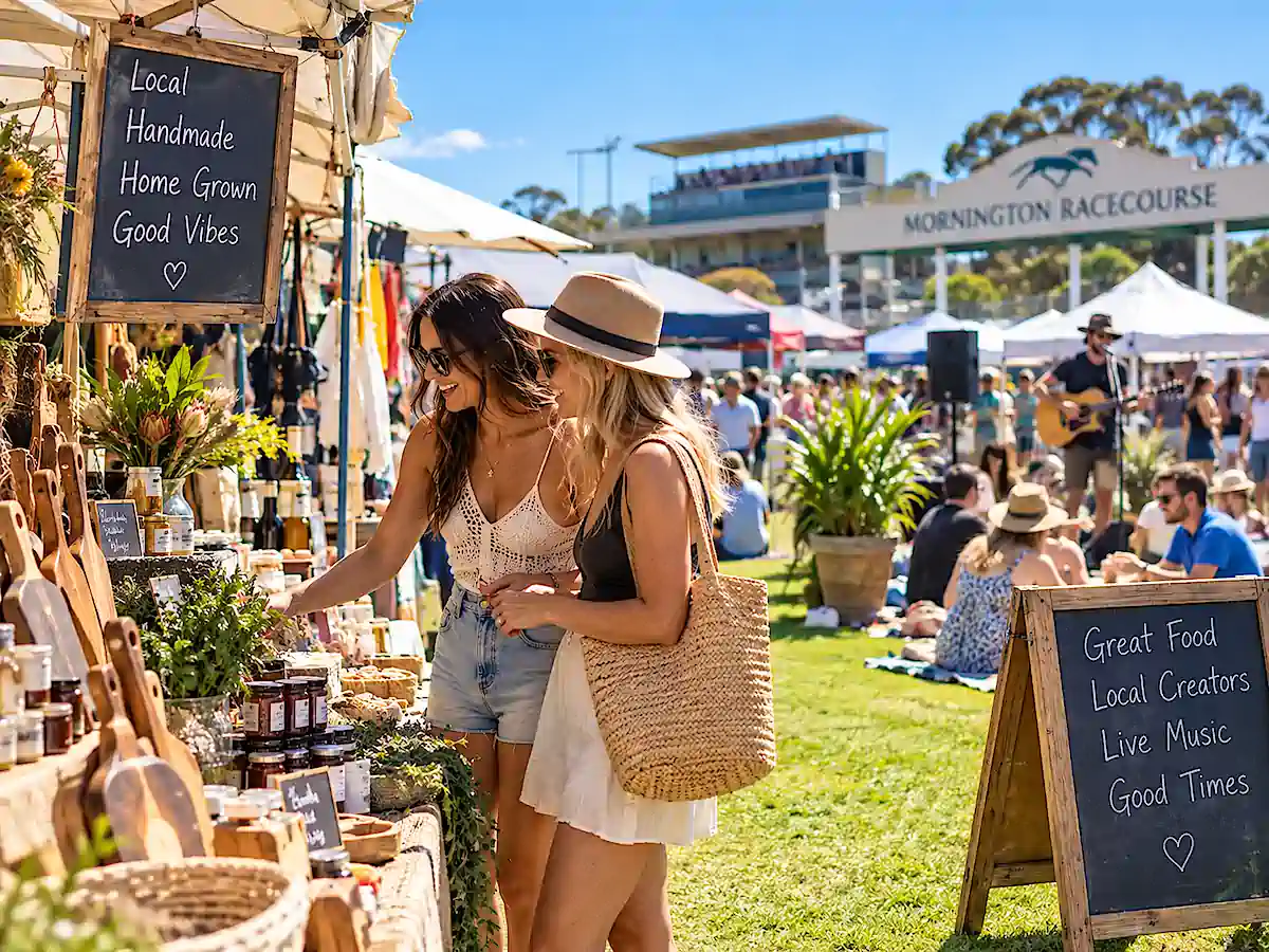 Young travellers browsing handmade products and local food stalls at Mornington Market, with outdoor picnic areas, live music and Mornington Racecourse in the background, Victoria, Australia 