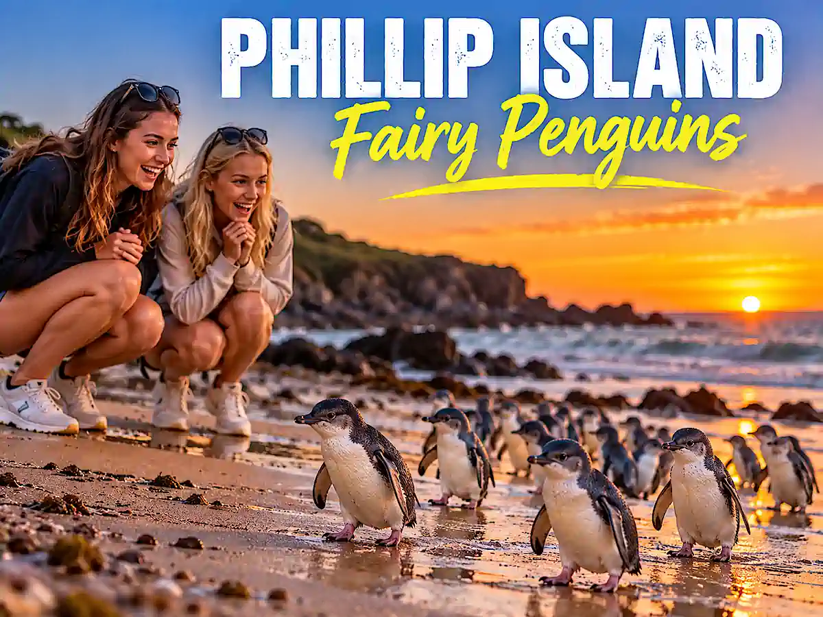 Excited young travellers watching Fairy Penguins return from the ocean at sunset on Phillip Island, Victoria 