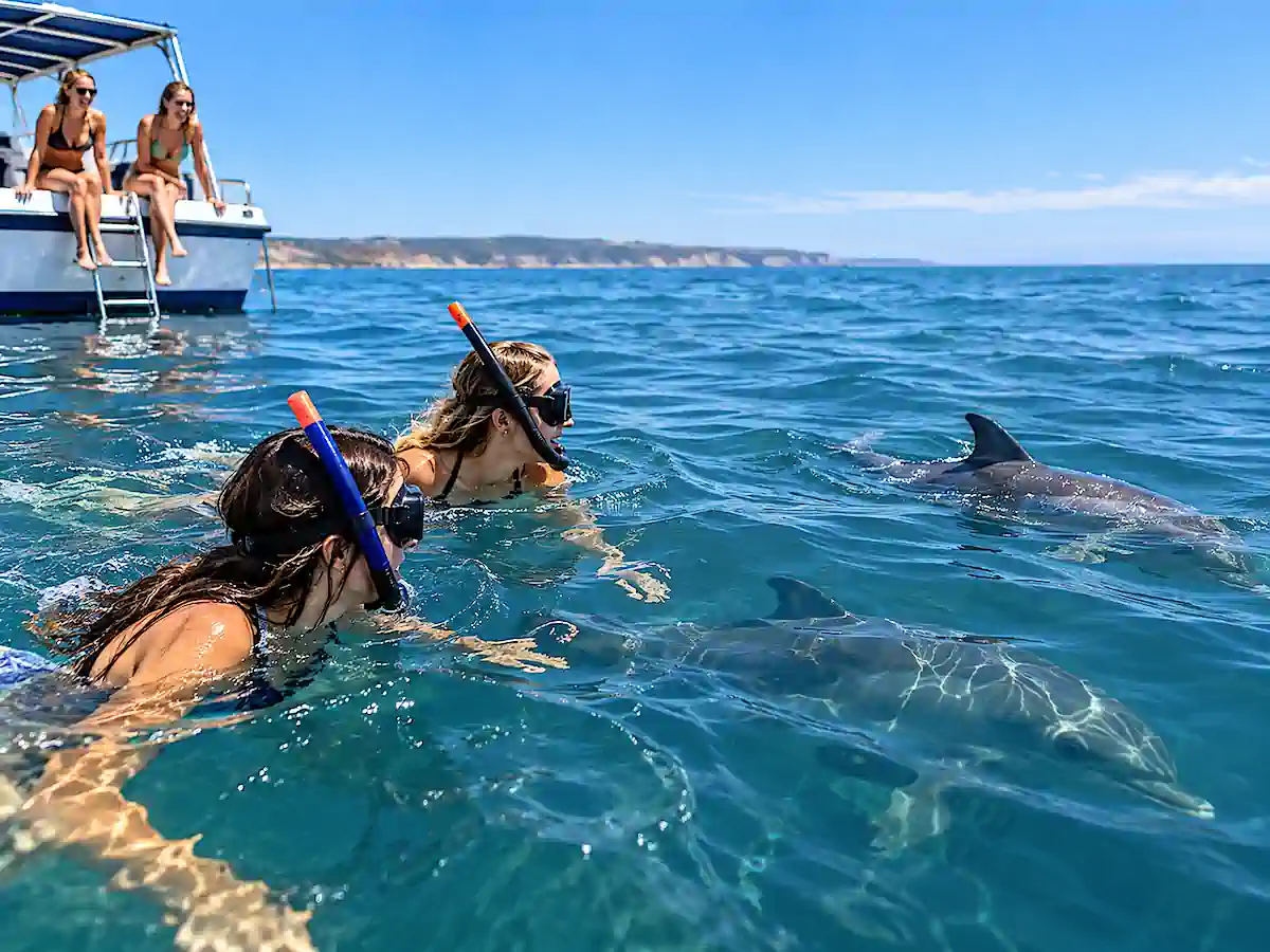 Young travellers swimming with wild bottlenose dolphins near Sorrento in Port Phillip Bay using only masks and snorkelling gear, with two friends watching from a boat in Victoria, Australia 