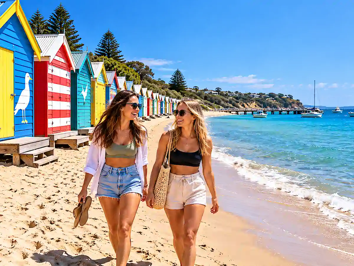 Young travellers walking along Sorrento beach beside colourful Victorian-style bathing boxes on the Mornington Peninsula, Victoria 