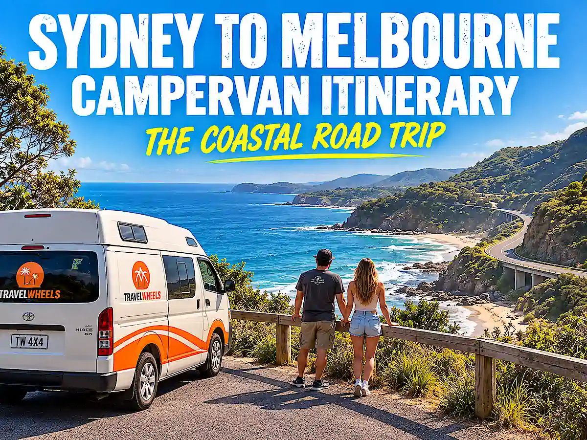 Sydney to Melbourne campervan itinerary with Travelwheels campervan and travellers overlooking the scenic Australian coastal road to Melbourne 