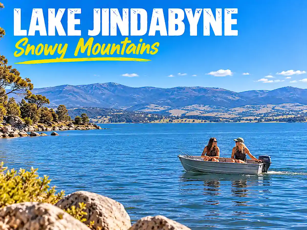 Sydney to Melbourne campervan itinerary travellers exploring Lake Jindabyne by boat with the Snowy Mountains in the background 