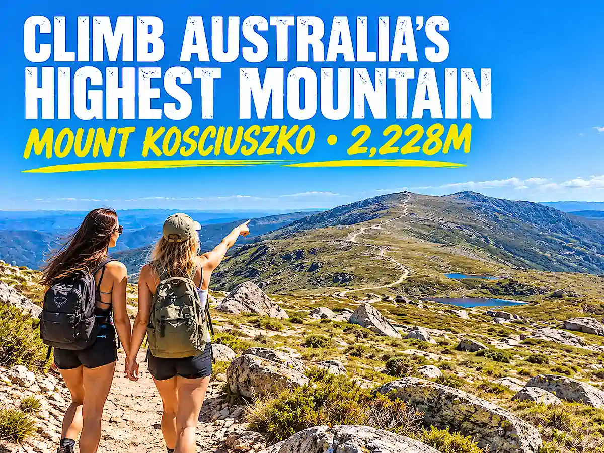 Sydney to Melbourne campervan itinerary travellers climbing Mount Kosciuszko, Australia's highest mountain at 2,228 metres 