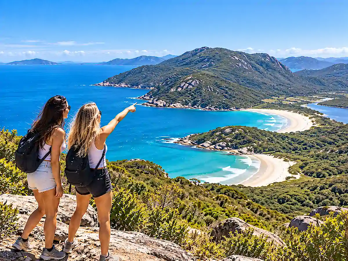 Sydney to Melbourne campervan itinerary travellers enjoying the coastal views from Mount Oberon in Wilsons Promontory National Park 