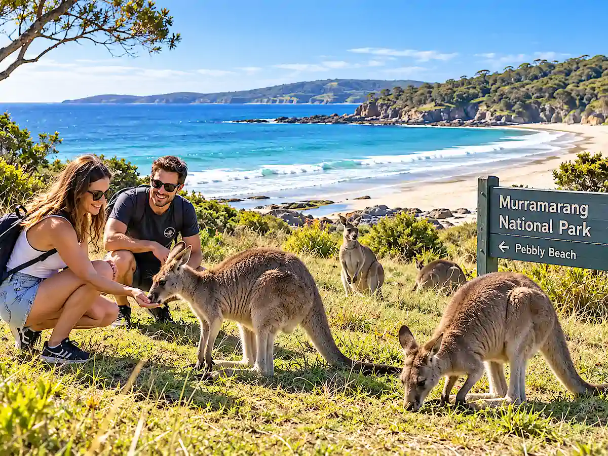 Sydney to Melbourne campervan itinerary travellers seeing kangaroos at Pebbly Beach in Murramarang National Park