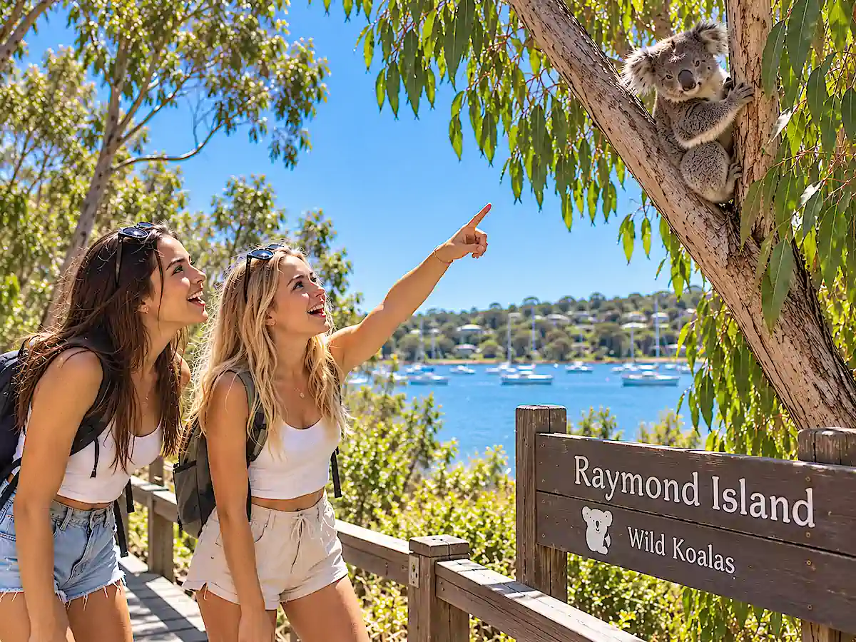 Sydney to Melbourne campervan itinerary travellers spotting a wild koala on Raymond Island in Victoria 