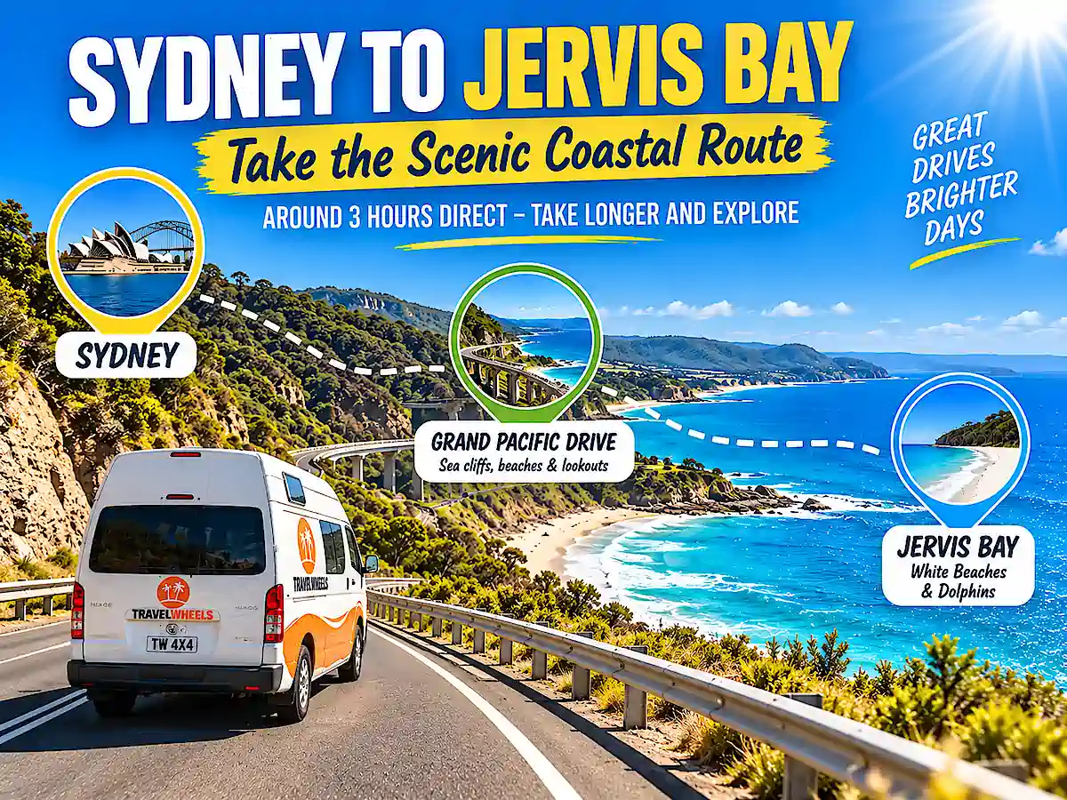 Sydney to Melbourne campervan itinerary scenic drive from Sydney to Jervis Bay via the Grand Pacific Drive, with coastal views, white beaches and dolphin watching