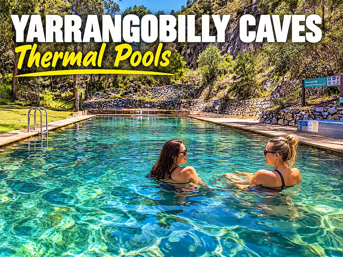Sydney to Melbourne campervan itinerary travellers relaxing in the Yarrangobilly Caves thermal pool in Kosciuszko National Park 