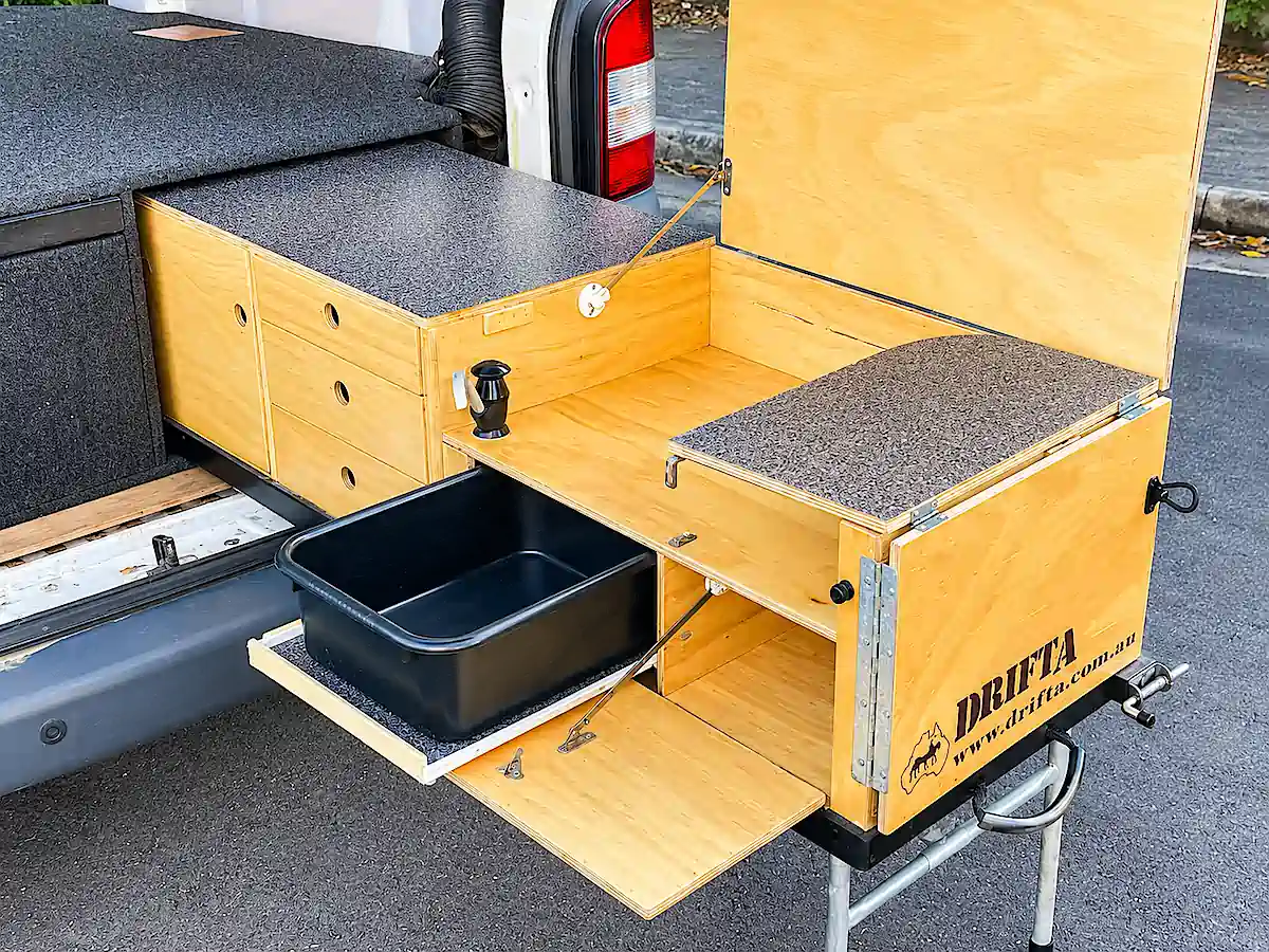 VW campervan for sale with professionally made pull-out Drifta kitchen