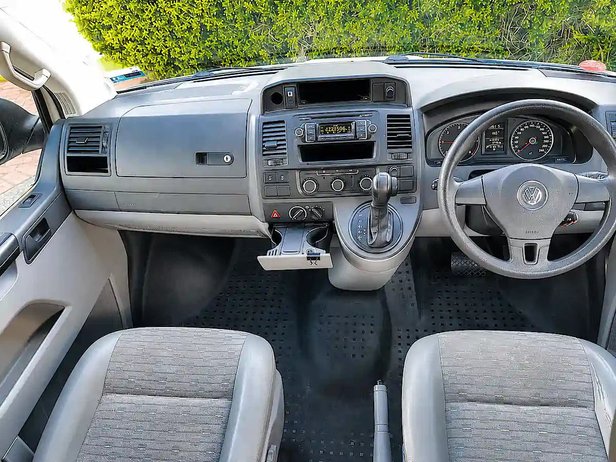 VW campervan for sale showing the comfortable front cab and automatic transmission