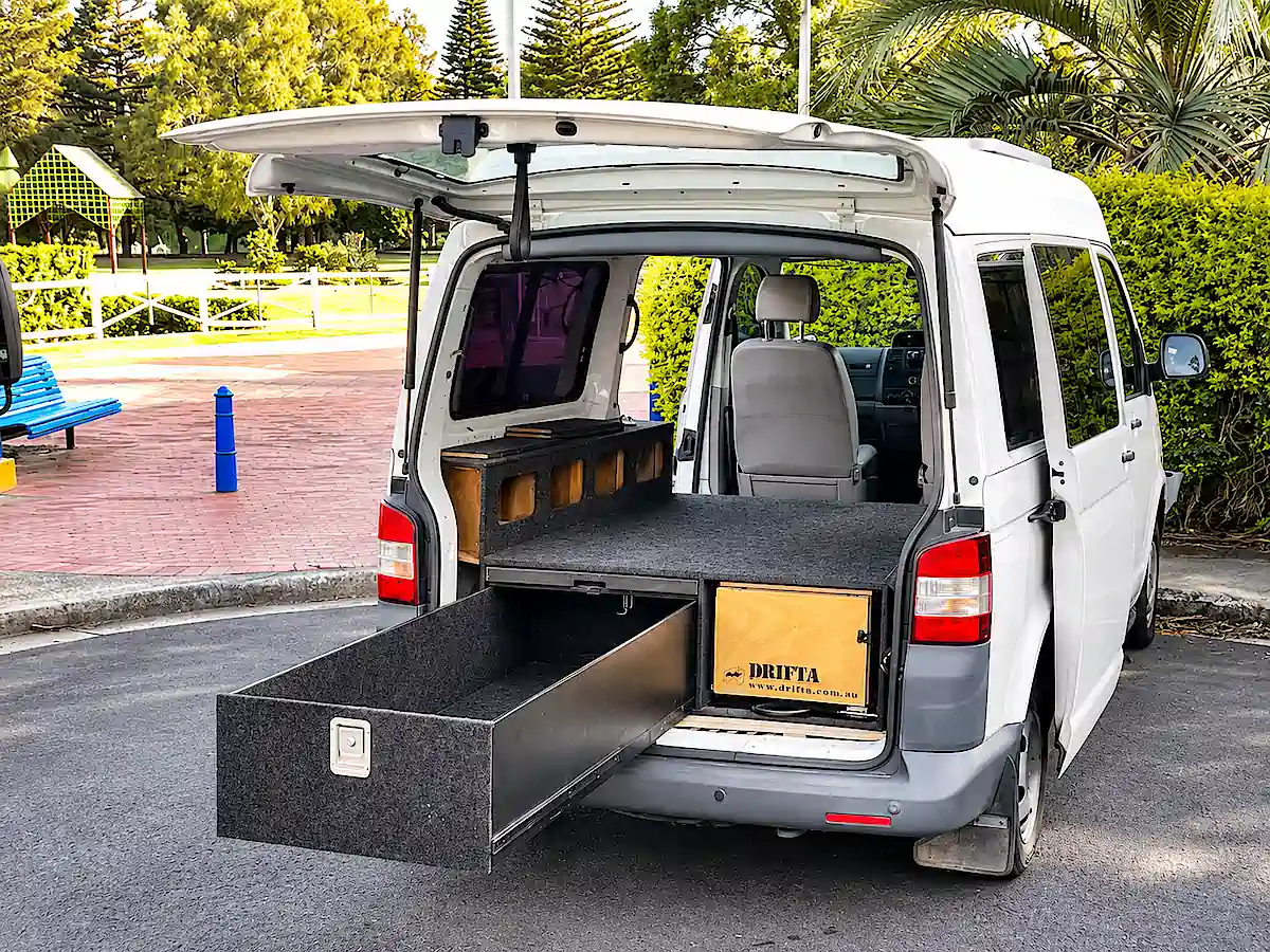 VW campervan for sale with large lockable pull-out storage drawer at the rear