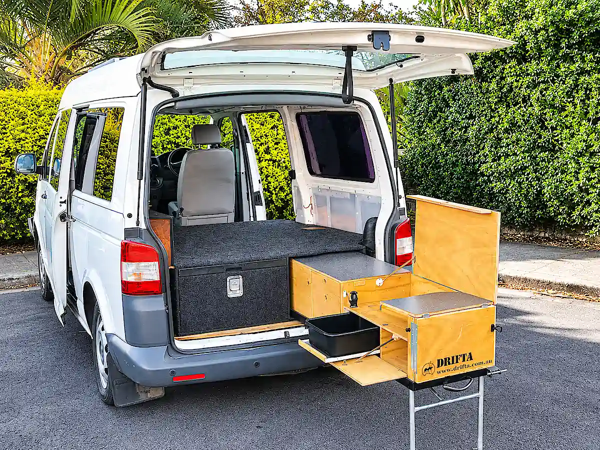 VW campervan for sale at Travelwheels Campervans Sydney with pull-out Drifta kitchen